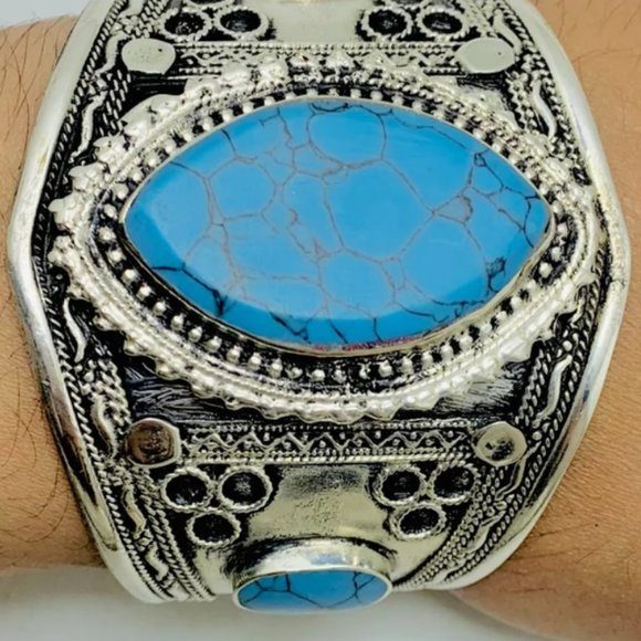 Single Ethnic Turquoise Stone Handcuff Bracelet-Afghan Kuchi Bracelet - Picture 13 of 16